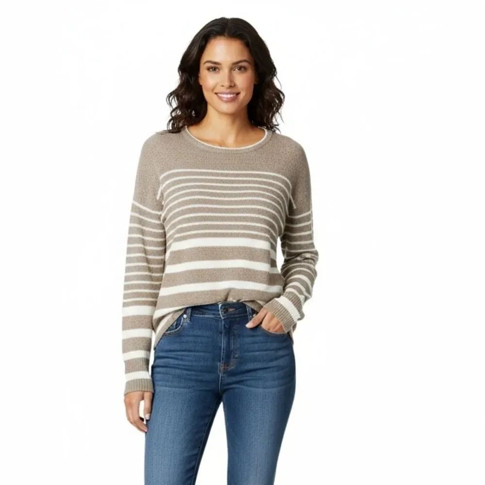 Athleta Taupe White Relaxed Cozy Soft Crewneck Long Sleeve Knit Top Womens XXS